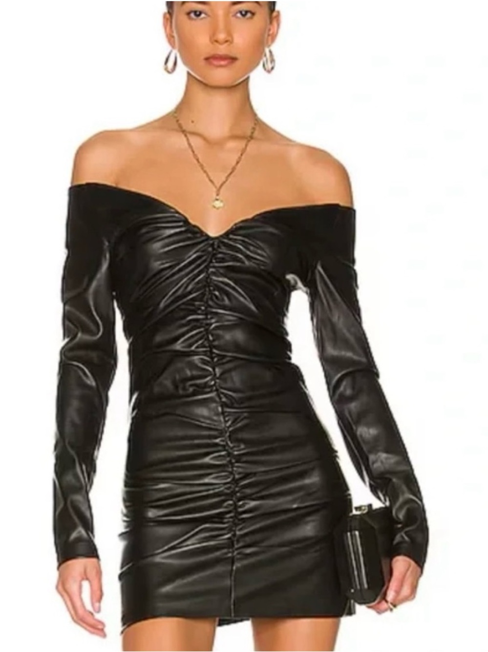 Bardot NEW Marinella Black Off Shoulder Faux Leather Ruched Mini Dress Women 10